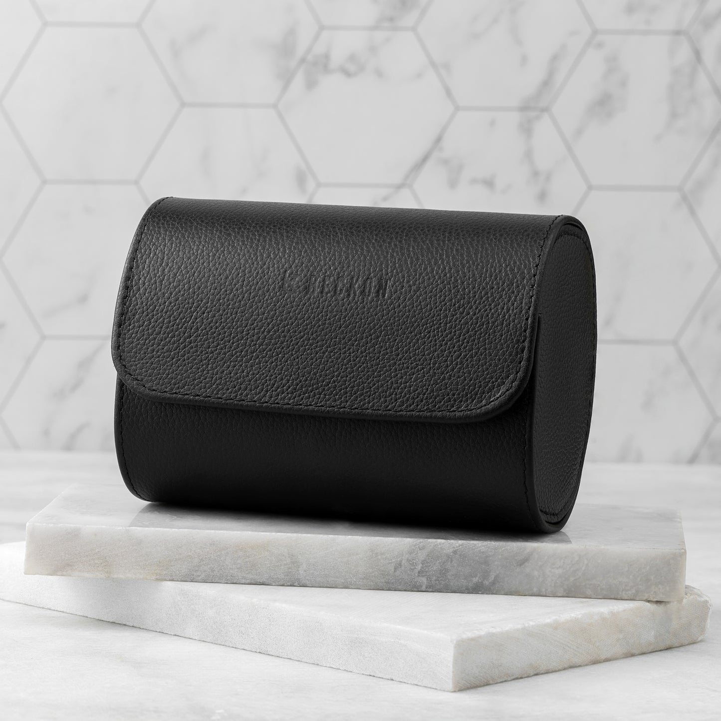 Elite Black Portable Leather Watch Organizer Box - Twin Slots