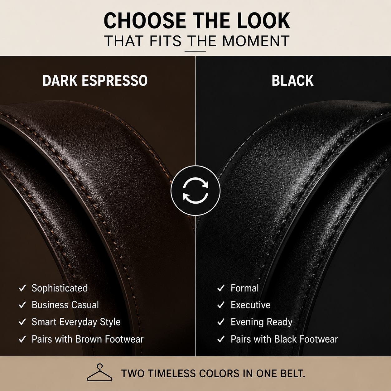 BECKON Axis Reversible Leather Belt for Men | Black & Dark Espresso