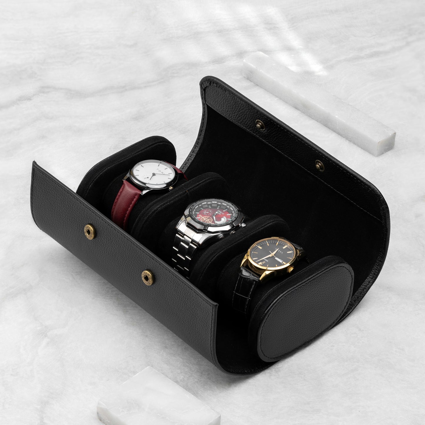 Elite Black Portable Leather Watch Organizer Box – 3 Slot Edition