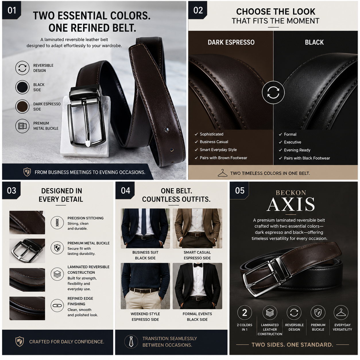 Men's formal and casual reversible leather belt with black and dark espresso leather strap.