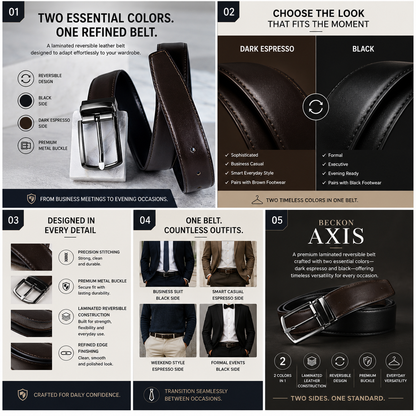 Men's formal and casual reversible leather belt with black and dark espresso leather strap.