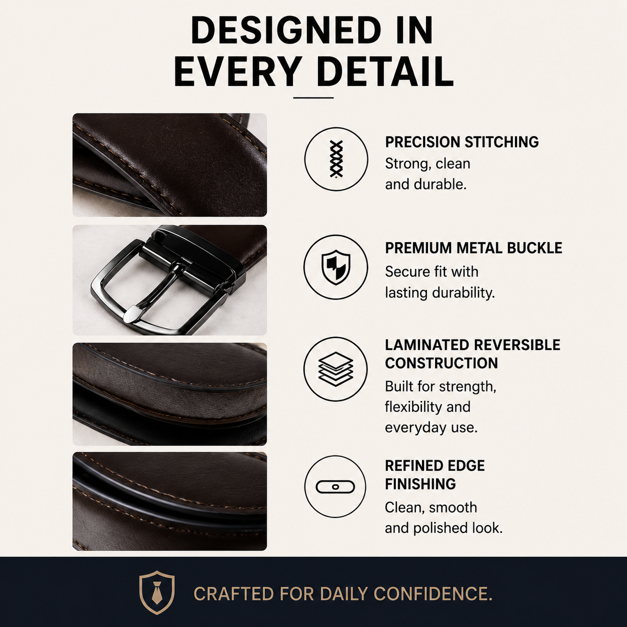 BECKON Axis Reversible Leather Belt for Men | Black & Dark Espresso