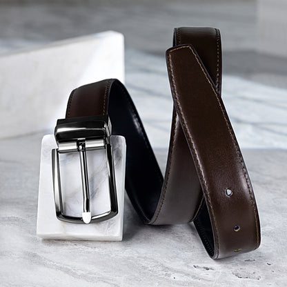 Men's formal and casual reversible leather belt with black and dark espresso leather strap.