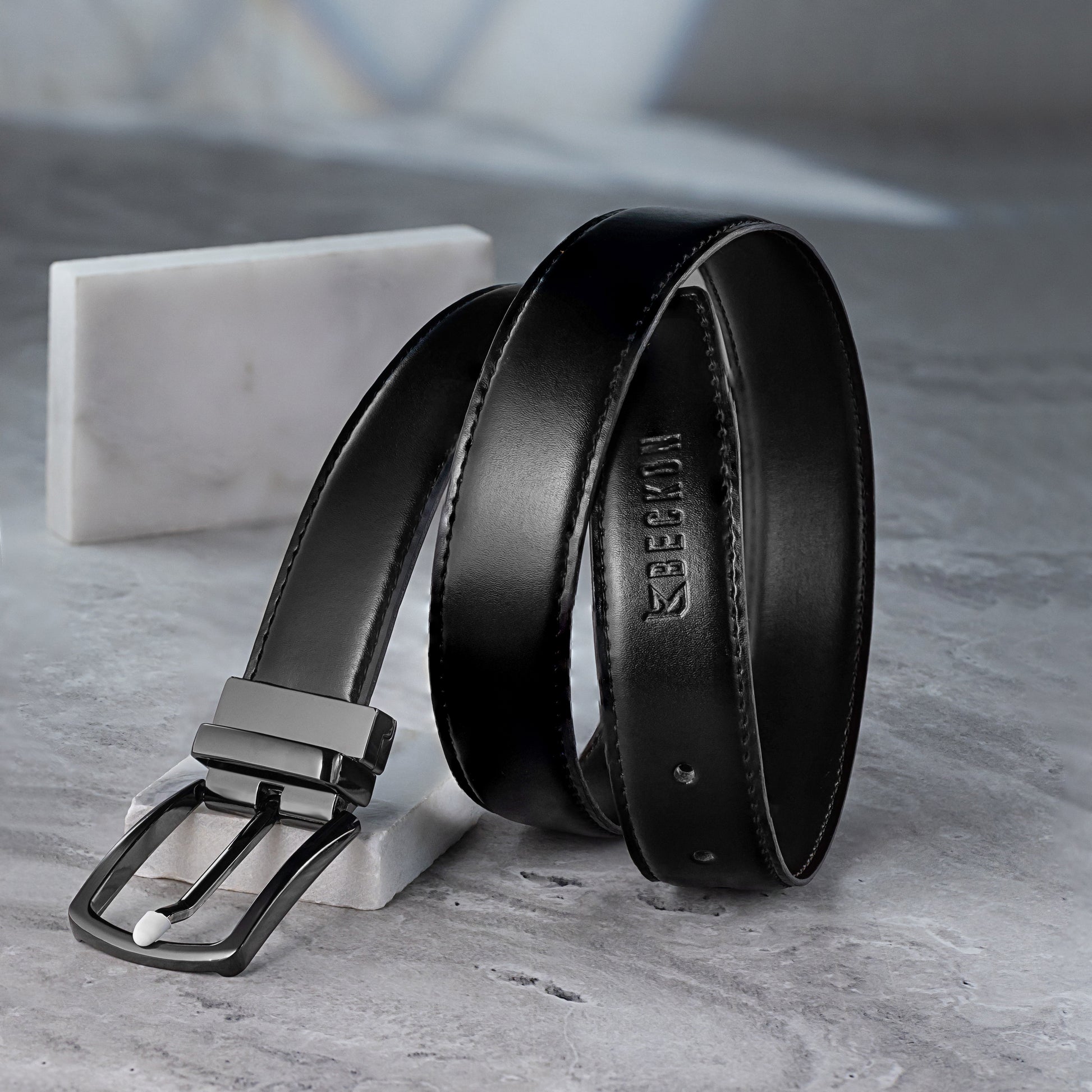Men's formal and casual reversible leather belt with black and dark espresso leather strap.