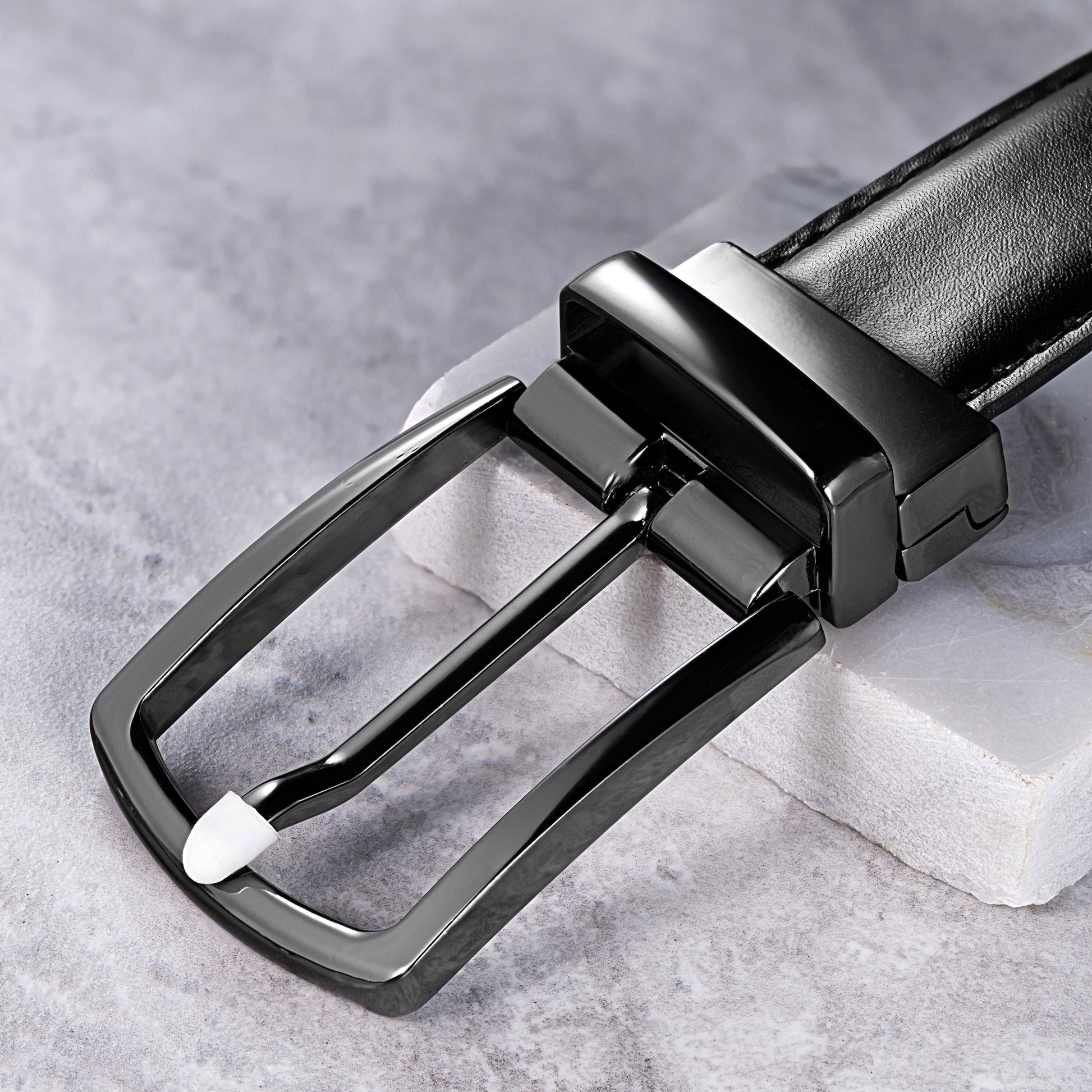 Men's formal and casual reversible leather belt with black and dark espresso leather strap.