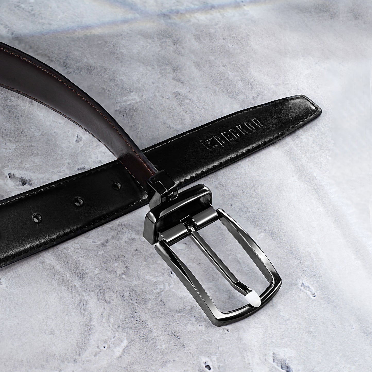 Men's formal and casual reversible leather belt with black and dark espresso leather strap.