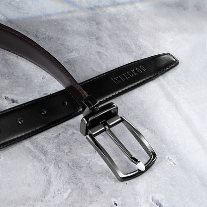 Men's formal and casual reversible leather belt with black and dark espresso leather strap.