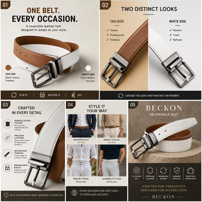 fusion reversible leather belt men tan and white dual sided design