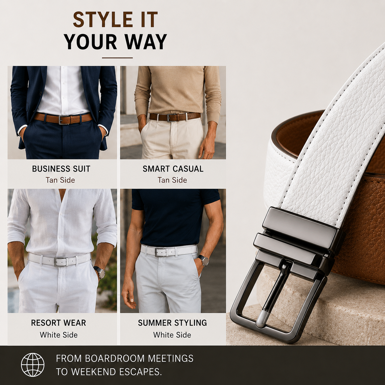BECKON Fusion Reversible Leather Belt for Men | 2 Colors in 1 Design