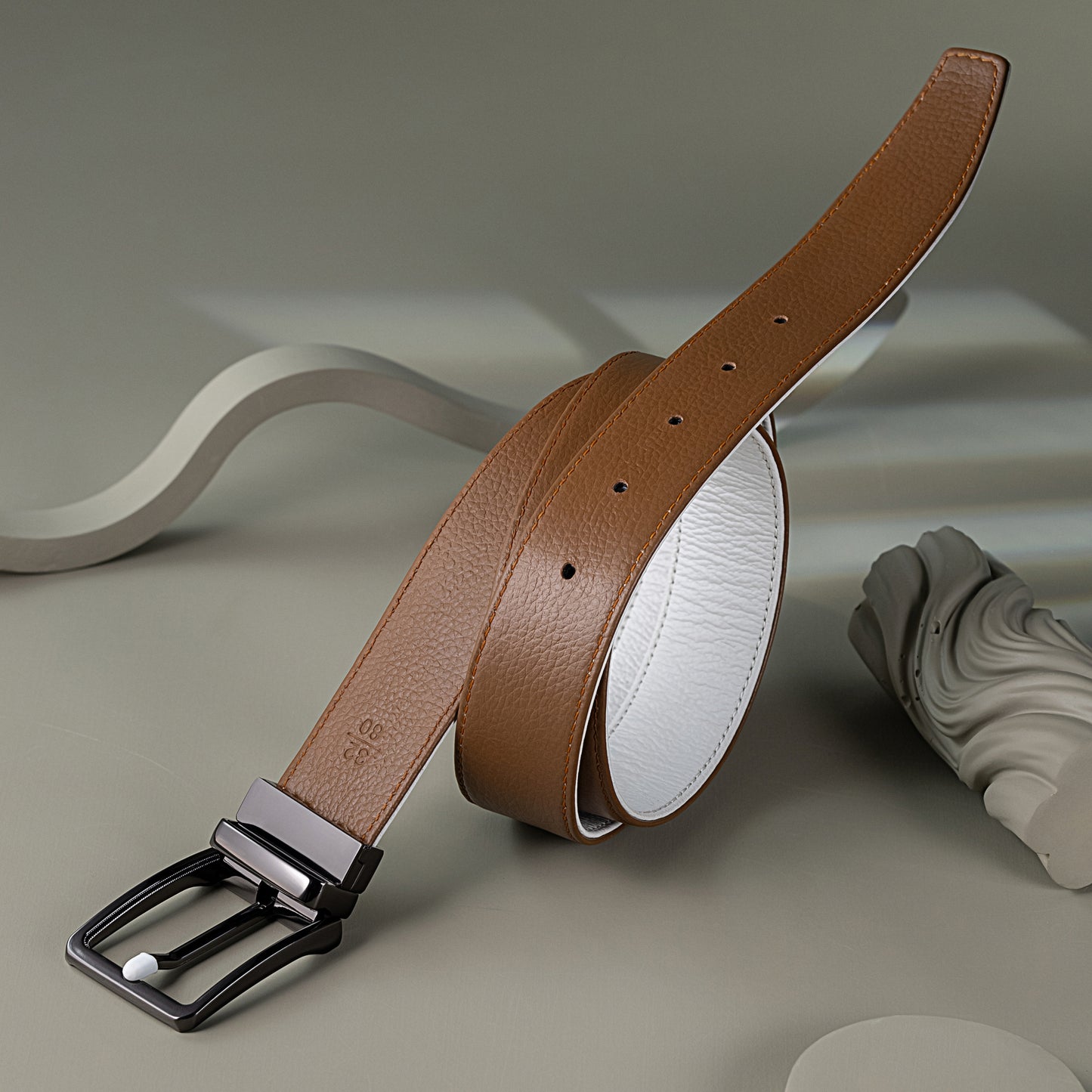 fusion reversible leather belt men tan and white dual sided design